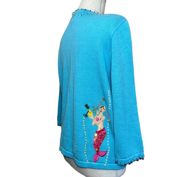 Vintage Jack B. Quick blue mermaid sequin beaded embroidery sweater cardigan M - Picture 7 of 16
